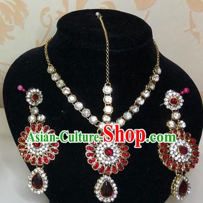 Indian Traditional Wedding Red Crsytal Eyebrows Pendant and Earrings Asian India Bride Headwear Jewelry Accessories for Women