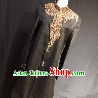 Indian Traditional Embroidered Black Coat Asian Hui Nationality Bridegroom Wedding Costume for Men