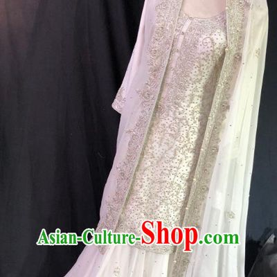 Indian Traditional Bride Embroidered White Lehenga Dress Asian Hui Nationality Wedding Costume for Women