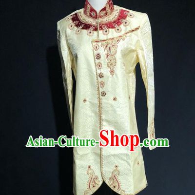 Indian Traditional Wedding Embroidered Apricot Coat Asian Hui Nationality Bridegroom Costume for Men