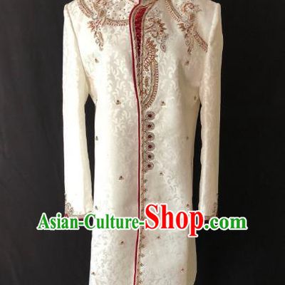 Indian Traditional Court Wedding Embroidered White Coat Asian Hui Nationality Bridegroom Costume for Men