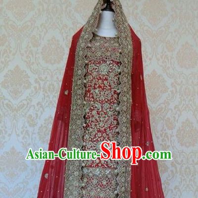 Indian Traditional Court Red Veil Lehenga Costume Asian Hui Nationality Wedding Bride Embroidered Dress for Women