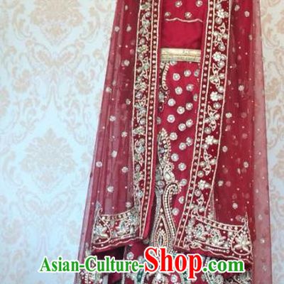 Indian Traditional Court Bride Purplish Red Lehenga Costume Asian Hui Nationality Wedding Embroidered Dress for Women