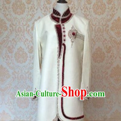 Indian Traditional Court Wedding Embroidered White Satin Coat Asian Hui Nationality Bridegroom Costume for Men