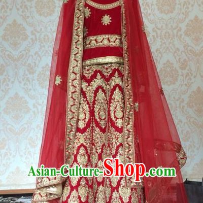 Indian Traditional Court Wedding Red Lehenga Costume Asian Hui Nationality Bride Embroidered Dress for Women