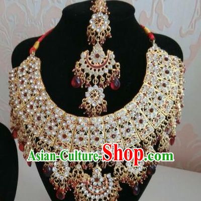 Traditional Indian Court Wedding Crystal Hair Clasp and Necklace Asian India Eyebrows Pendant Jewelry Accessories for Women