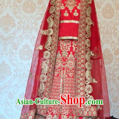 Indian Traditional Court Red Lehenga Costume Asian Hui Nationality Wedding Bride Embroidered Dress for Women
