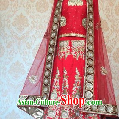 Indian Traditional Court Red Lehenga Costume Asian Hui Nationality Wedding Bride Embroidered Dress for Women