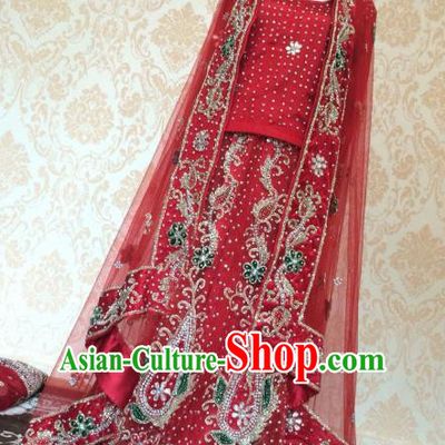 Indian Traditional Court Wedding Dress Asian Hui Nationality Bride Diamante Red Lehenga Costume for Women
