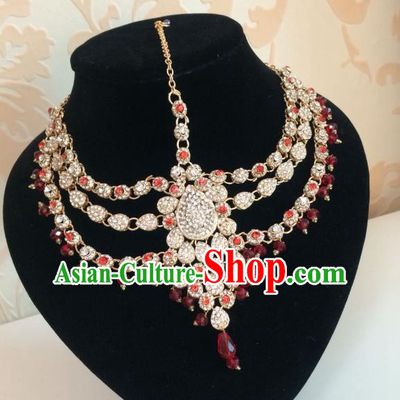 Traditional Indian Court Wedding Red Beads Crystal Hair Accessories Asian India Eyebrows Pendant Jewelry Accessories for Women