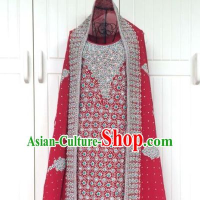 Indian Traditional Court Embroidered Beading Red Wedding Dress Asian Hui Nationality Bride Lehenga Costume for Women