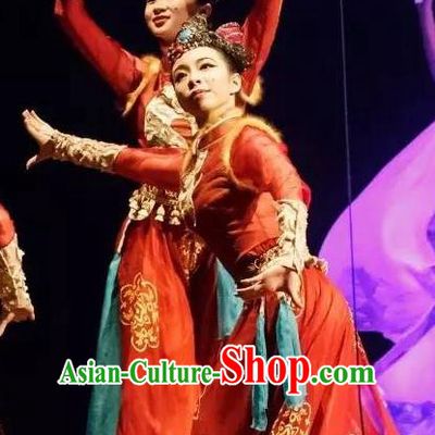 Chinese Yuan Qi Dunhuang Ethnic Dance Red Dress Traditional Classical Dance Stage Performance Costume for Women