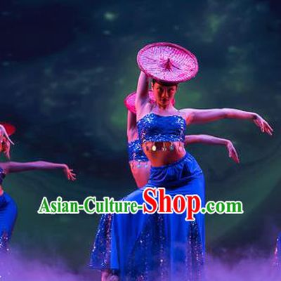 Chinese Shan Ling Dai Nationality Peacock Dance Blue Dress Traditional Folk Dance Stage Performance Costume for Women