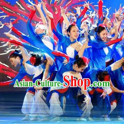 Chinese Stage Performance Red Coral Folk Dance Blue Dress Traditional Fan Dance Costume for Women