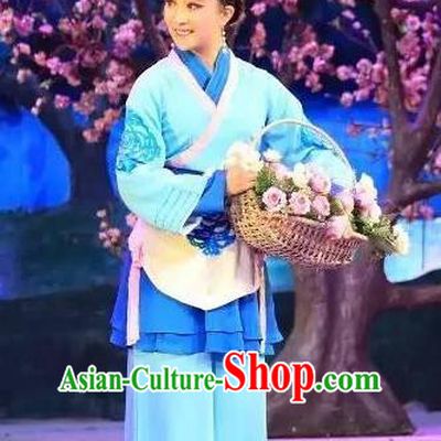 Chinese Shaoxing Opera Country Girl Blue Apparels Costumes and Headpieces He Wenxiu Yue Opera Xiaodan Maidservant Dress Garment