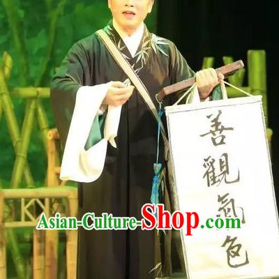 He Wenxiu Chinese Yue Opera Xiaosheng Young Male Black Garment and Headwear Shaoxing Opera Apparels Soothsayer Robe Costumes