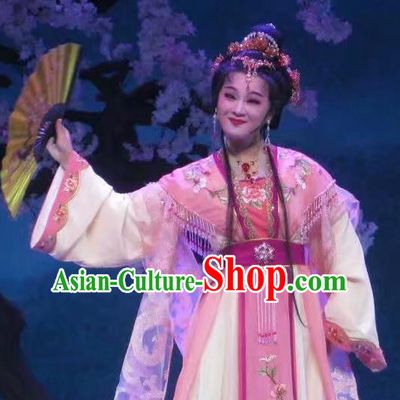 Chinese Shaoxing Opera Actress Pink Dress and Headdress Li Hua Qing Yue Opera Hua Tan Garment Rich Lady Leng Yan Apparels Costumes