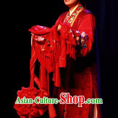 Chinese Yue Opera Wedding Young Man Qian Youliang Costumes and Headwear Shaoxing Opera Merchant Red Garment Apparels