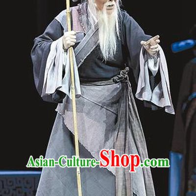 Chinese Yue Opera Poor Old Man Apparels and Headwear Breeze Pavilion Shaoxing Opera Elderly Male Zhang Yuanxiu Garment Costumes
