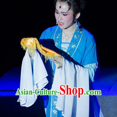 Chinese Shaoxing Opera Noble Consort Li Blue Dress Costumes and Headpieces Palm Civet for Prince Yue Opera Actress Garment Apparels