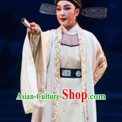 Chinese Yue Opera Young Male Scholar Costumes and Hat The Magnificent Mayor Shaoxing Opera Xiaosheng Liu Chong Garment Apparels