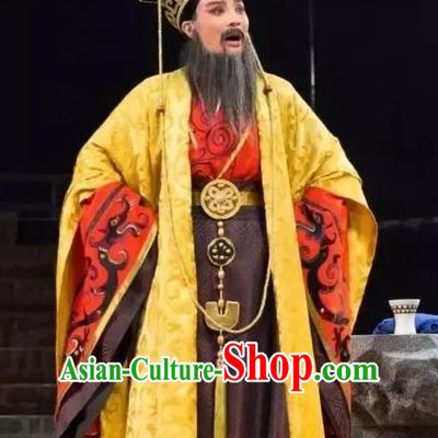 Chinese Yue Opera Elderly Male Chu King Costumes and Headwear Qu Yuan Shaoxing Opera Laosheng Apparels Garment Embroidered Robe