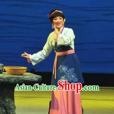 Chinese Shaoxing Opera Village Girl Dress Costumes and Headpieces A Song of The Travelling Son Yue Opera Actress Country Woman Apparels Garment