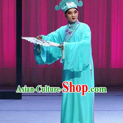 Chinese Beijing Opera Young Male Blue Robe Garment and Hat Pick Up the Jade Bracelet Shaoxing Opera Xiaosheng Fu Peng Scholar Apparels Costumes