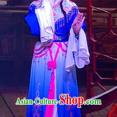 The Crimson Palm Chinese Shaoxing Opera Hua Tan Garment Apparels Costumes and Headpieces Yue Opera Young Female Wang Qianjin Blue Dress