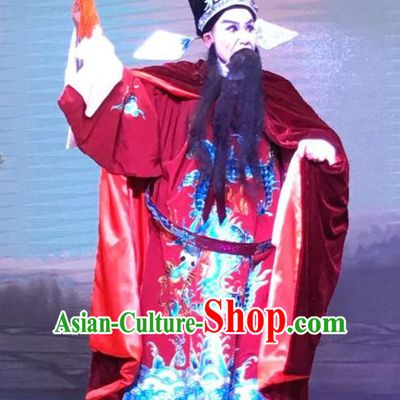 Chinese Yue Opera Official Garment and Headwear The Crimson Palm Shaoxing Opera Elderly Male Apparels Costumes Embroidered Robe