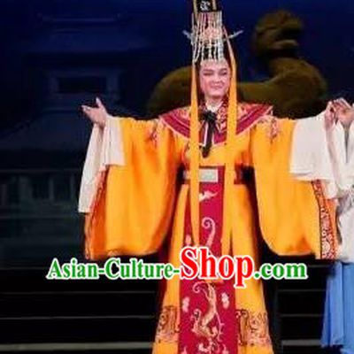 Chinese Yue Opera Emperor Xian Garment Costumes and Headwear Tong Que Tai Shaoxing Opera Young Male Embroidered Robe Apparels