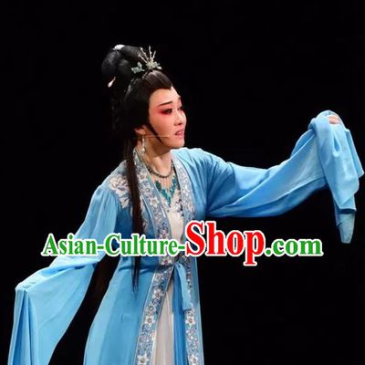 Chinese Shaoxing Opera Hua Tan Chen Sanliang Blue Dress Apparels Costumes and Headpieces Yue Opera Young Female Actress Garment