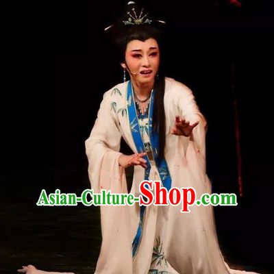 Chinese Shaoxing Opera Actress Chen Sanliang White Dress Costumes and Headpieces Yue Opera Hua Tan Distress Maiden Garment Apparels