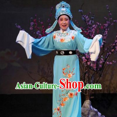 The Purple Hairpin Chinese Yue Opera Scholar Li Yi Costumes and Headwear Shaoxing Opera Xiaosheng Garment Apparels Young Male Blue Robe