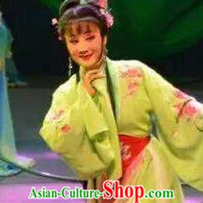 Chinese Shaoxing Opera Young Female Green Dress Apparels and Hair Accessories Mo Chou Nv Yue Opera Hua Tan Garment Costumes
