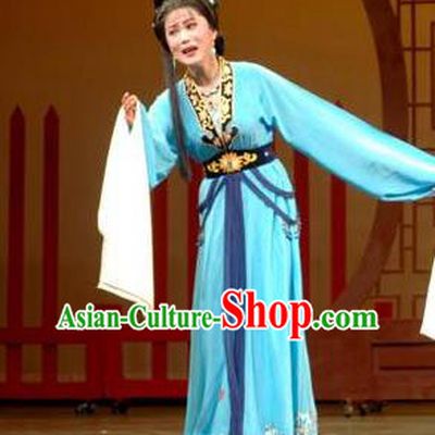 Chinese Shaoxing Opera Hua Tan Actress Chen Sanliang Blue Dress Costumes and Headpieces Yue Opera Distress Maiden Garment Apparels