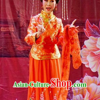 Chinese Shaoxing Opera Bride Wisp of Hemp Lin Niufen Red Dress and Headdress Yue Opera Apparels Costumes Hua Tan Wedding Garment