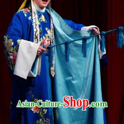 Chinese Classical Kun Opera Takefu Apparels Princess Baihua Peking Opera Young Male Costumes Blue Robe and Headwear