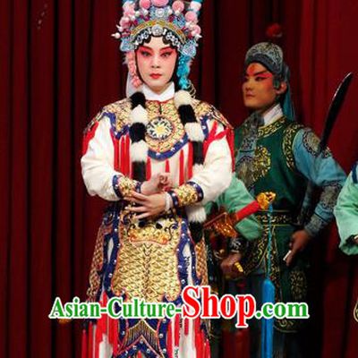 Chinese Kun Opera Martial Wu Dan Armor Suits Princess Baihua Peking Opera Blues Garment Apparels Costumes and Headdress