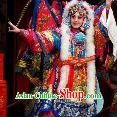 Chinese Kun Opera Female General Kao Costumes Princess Baihua Peking Opera Blues Garment Apparels Red Armor Suit with Flags and Headdress