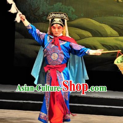 Chinese Classical Kun Opera Martial Man The Palace of Eternal Youth Costumes Garment and Hat Peking Opera Wusheng Blue Apparels