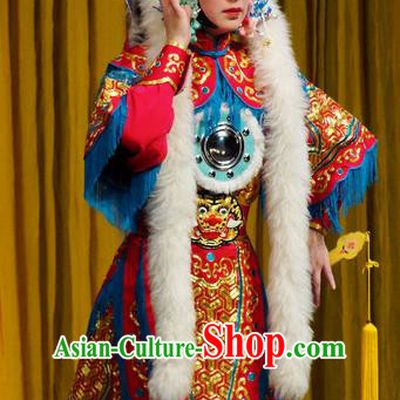 Chinese Kun Opera Female General Red Armor Costumes Princess Baihua Peking Opera Blues Garment Apparels and Headdress Complete Set