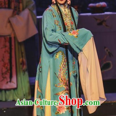 Chinese Kun Opera Hua Tan Consort Yang Blue Dress The Palace of Eternal Youth Costumes Peking Opera Apparels Actress Garment and Headwear