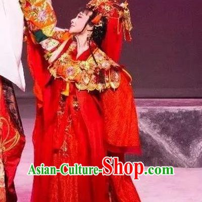 Chinese Shaoxing Opera Actress Wedding Garment Costumes and Headdress Dong Jun Qu Qi Yue Opera Hua Tan Zhi Lan Red Dress Apparels