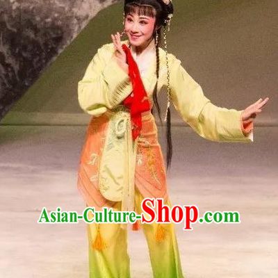 Chinese Shaoxing Opera Young Lady Garment and Headpieces Dong Jun Qu Qi Yue Opera Country Girl Zhi Lan Dress Apparels Costumes