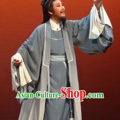 Chinese Shaoxing Opera Elderly Scholar Garment Yue Opera Shuang Fei Yi Apparels Lao Sheng Grey Costumes and Headwear