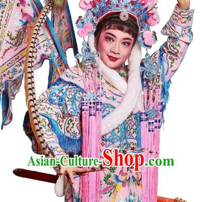 Chinese Kun Opera Martial Female Pink Kao Armor Suit with Flags Princess Baihua Peking Opera Blues Garment Apparels General Costumes and Headdress