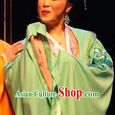 Chinese Shaoxing Opera Actress Green Dress Costumes and Headpieces Painted Skin Hua Pi Yue Opera Young Mistress Wang Garment Apparels