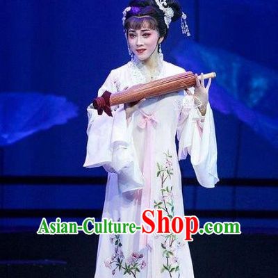 Chinese Shaoxing Opera Actress Bai Suzhen Garment Costumes Apparels and Headdress Legend of White Snake Yue Opera Hua Tan Dress