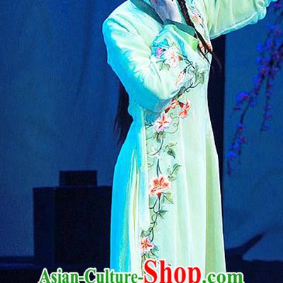 Chinese Shaoxing Opera Xiaodan Actress Garment Costumes Apparels and Headdress Legend of White Snake Yue Opera Young Lady Green Dress
